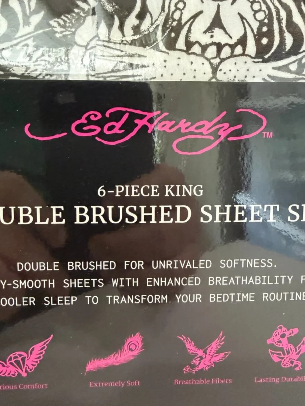Ed Hardy King Sheet Set 6 Piece Double Brushed Black White Skull Tiger Tattoo